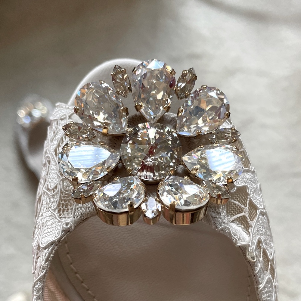 Dolce & Gabbana Cream Lace Heels with Gold Accents